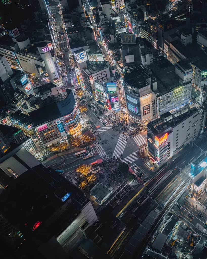 shibuya crossing air view at night