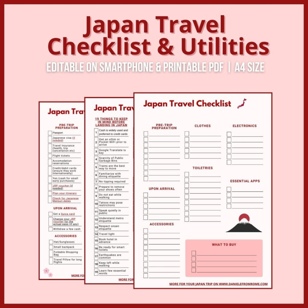 Editable Japan Travel Checklist & Utilities (Digital use & Printable)