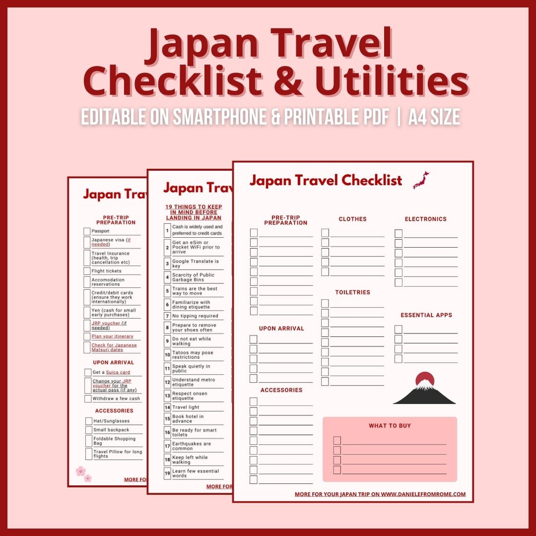 Editable Japan Travel Checklist & Utilities (Digital use & Printable)